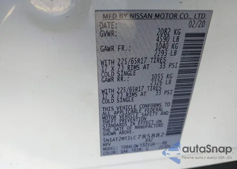 2020 Nissan Rogue Sv Fwd z USA, uszkodzony, nr VIN 5N1AT2MT1LC785882
